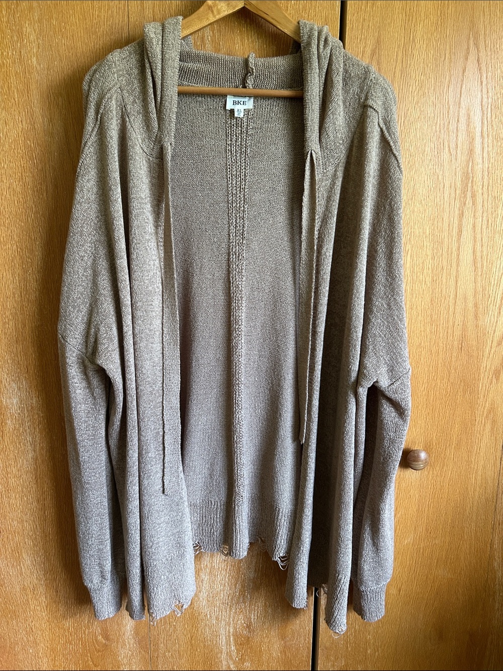 BKE Women's Hooded Open-Front Lightweight Distressed Cardigan - Taupe Brown